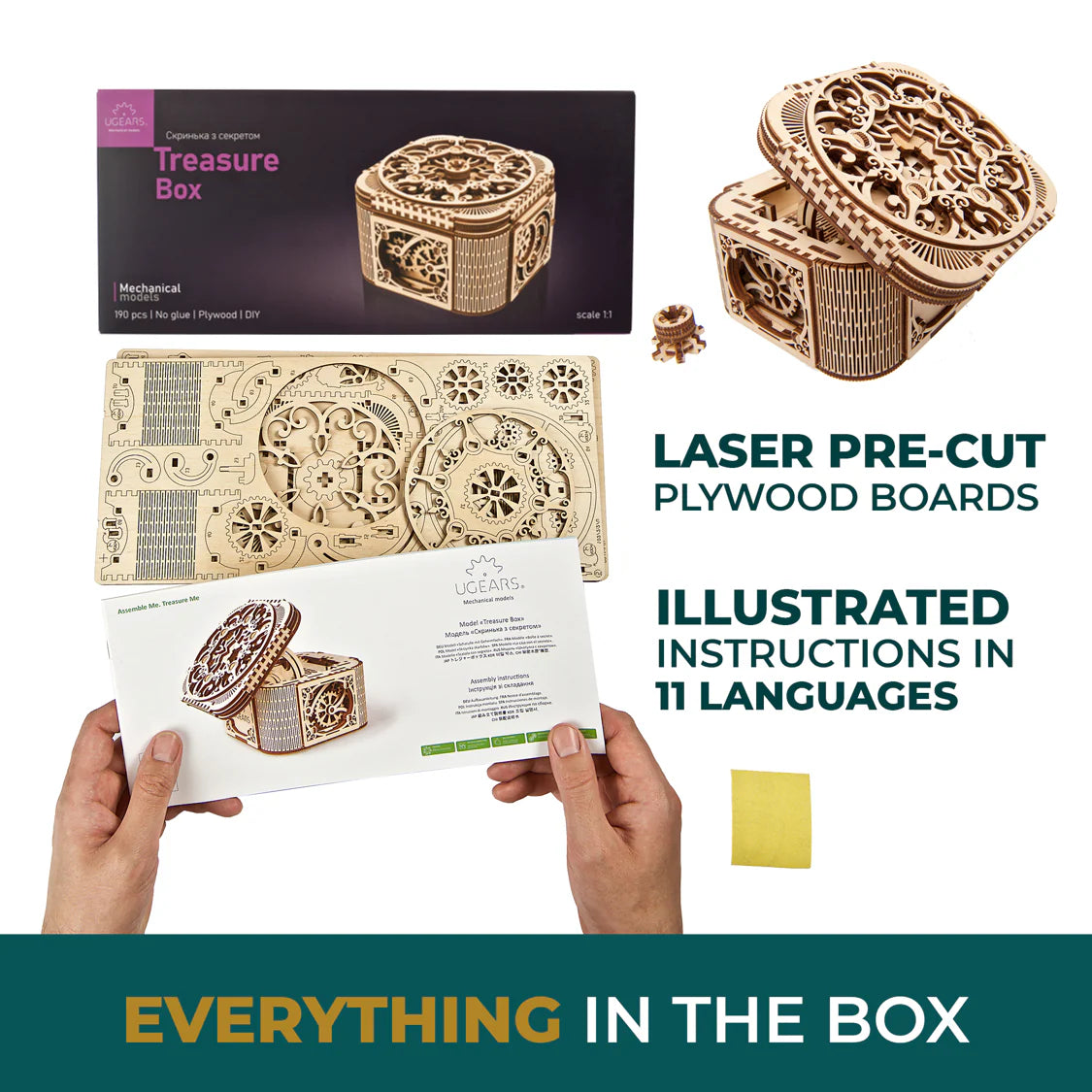 Puzle 3D de madera mecánico UGEARS - Caja del Tesoro (TREASURE BOX) 💎🗝️