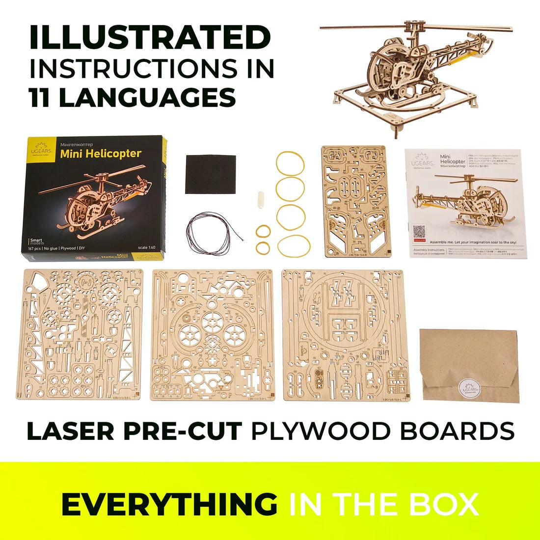 Puzle 3D de madera mecánico Ugears- Mini Helicóptero 🚁