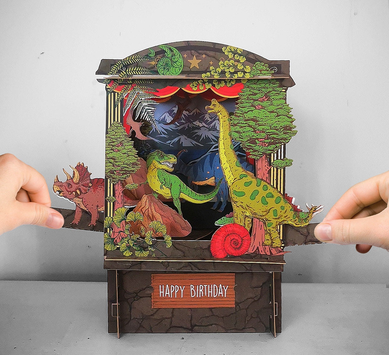 Tarjeta Teatrillo pop-up Kiriarte- Mundo perdido 🦖🦕