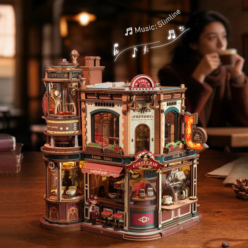 Rokr Robotime - Puzzle 3d madera mecánico - Fábrica de Café de Ensueño - Dream Coffee Factory EAB02☕ 🎵