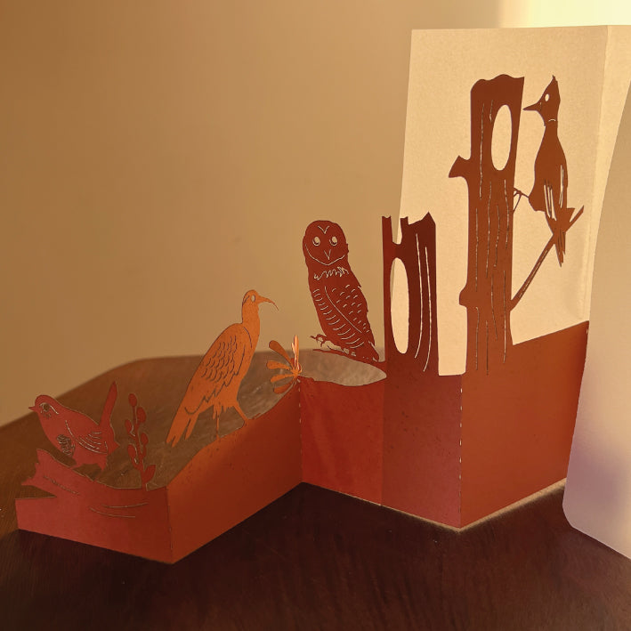 Tarjeta pop up Papelúdico Plisado acordeón - Pajaritos 🐦‍⬛🦉🇨🇱