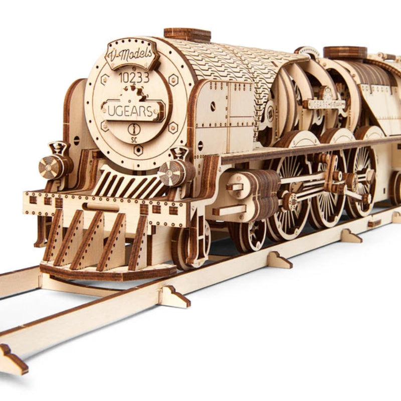 Ugears - Puzle 3D de Madera- Tren de Vapor V-Express con Ténder 🚂💨🛤️