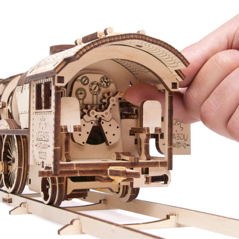 Ugears - Puzle 3D de Madera- Tren de Vapor V-Express con Ténder 🚂💨🛤️