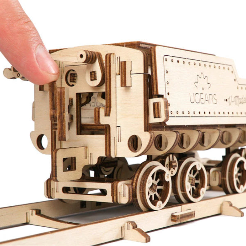 Ugears - Puzle 3D de Madera- Tren de Vapor V-Express con Ténder 🚂💨🛤️