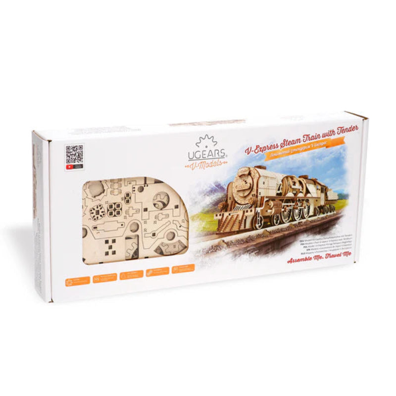 Ugears - Puzle 3D de Madera- Tren de Vapor V-Express con Ténder 🚂💨🛤️