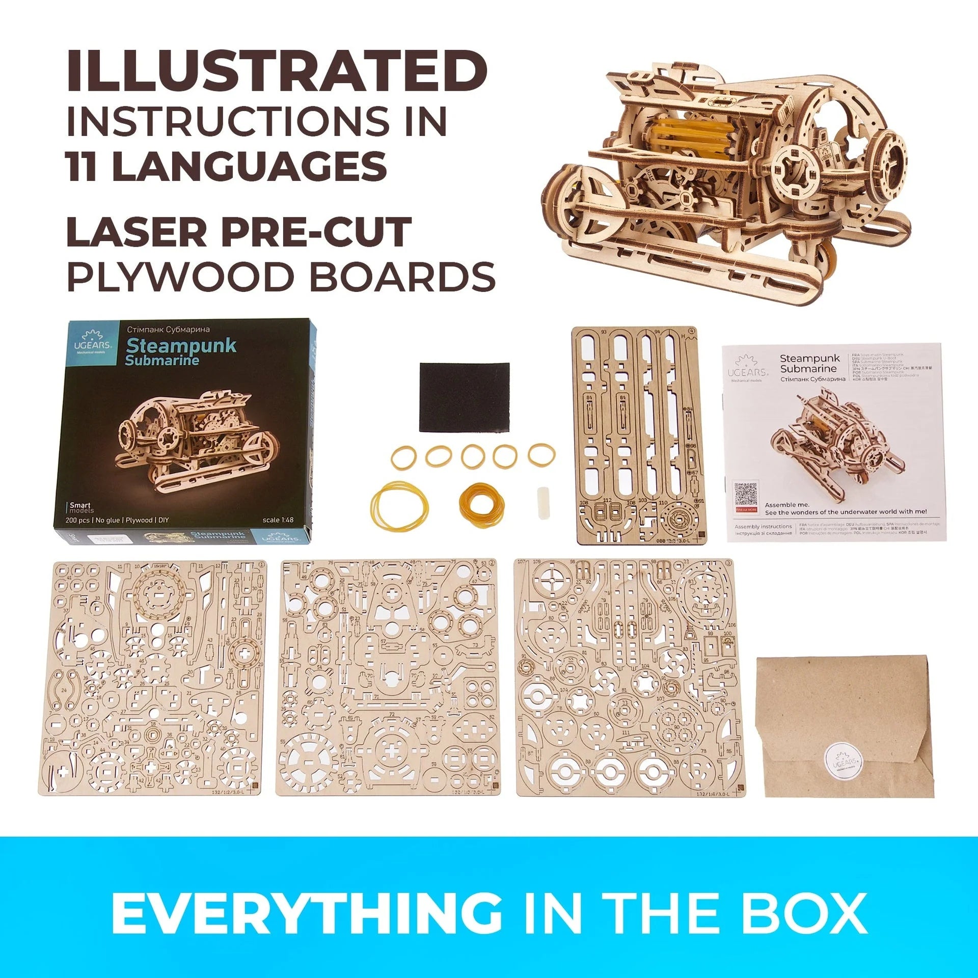 Puzle 3D de madera mecánico UGEARS - Submarino Steampunk ⚓🌊