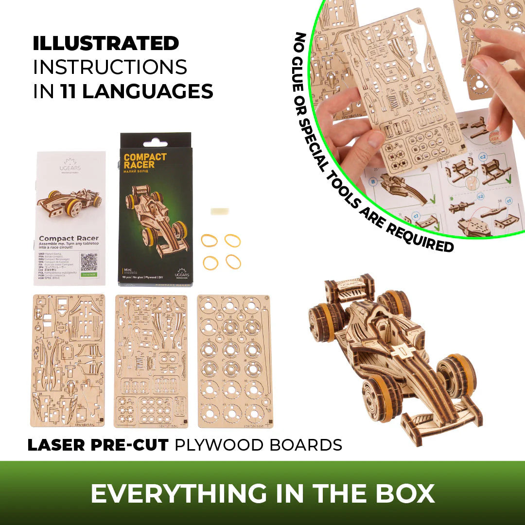 Puzle 3D de madera mecánico UGEARS - Compact Racer (Automóvi de carreras) 🏎